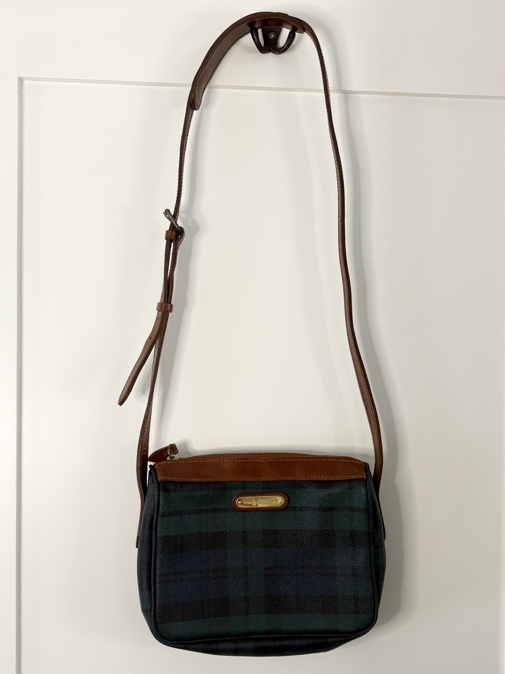 Vintage Polo Ralph Lauren Blackwatch Plaid Crossbody Bag Leather Trim Green